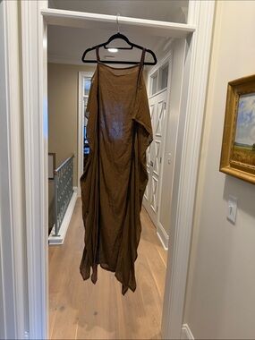 Caravana Brown cotton Draped Dress with leather accents (bw)
